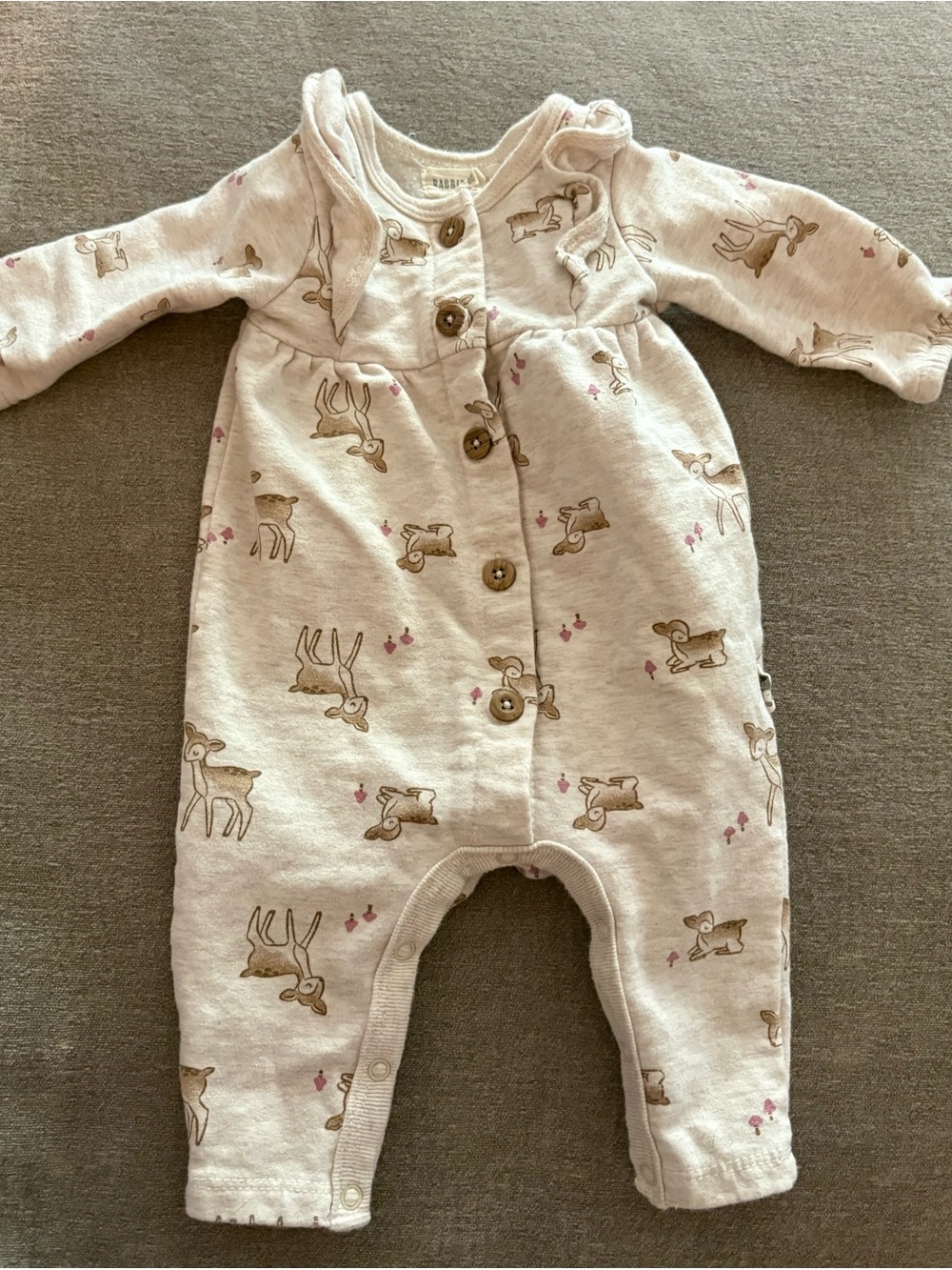Baby Deer Print One-Piece Button Romper - Cream Organic Cotton